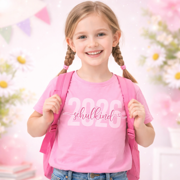 SCHULKIND Bügelbild T-Shirt zur Einschulung Rosa Jahreszahl