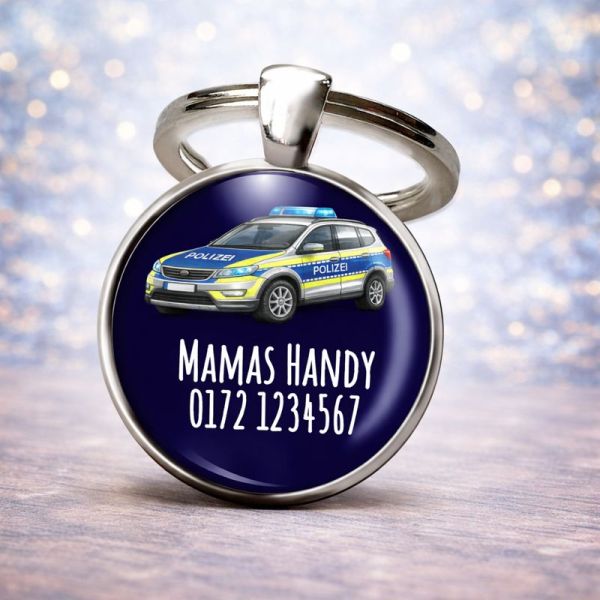 Einschulung Geschenk | Notfallnummer Anhänger – Motiv Polizeiauto