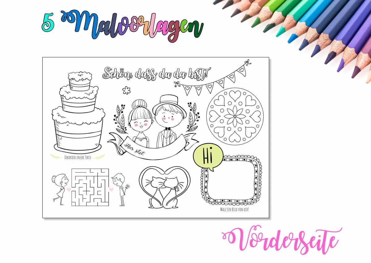 5 Malvorlagen zur Hochzeit, Kinderbeschäftigung auf der Hochzeit