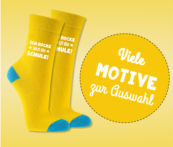 Einschulung Geschenk | Schulkind Socken gelb - Motive zur Auswahl