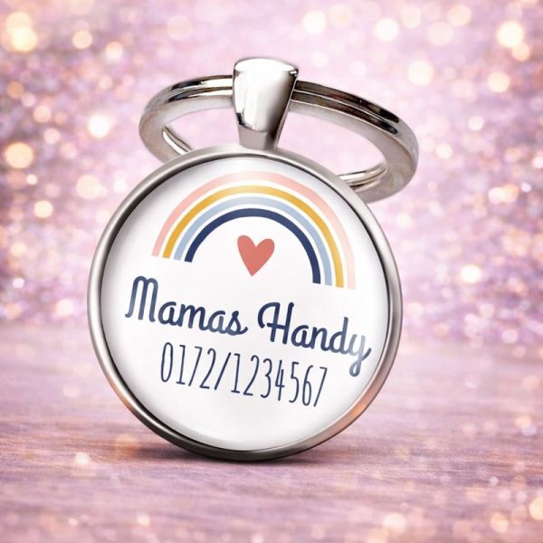 Einschulung Geschenk | Notfallnummer Anhänger – Motiv Regenbogen