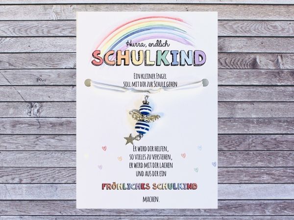 Schulkind 2024 Einschulung Geschenk Schutzengel-Kette Schultüte Glücksbringer Mutmacher Karte Spruch