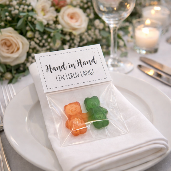 Weiß Gastgeschenk Hochzeit „Hand in Hand“ – Bärchenpärchen Candybar Tütchen