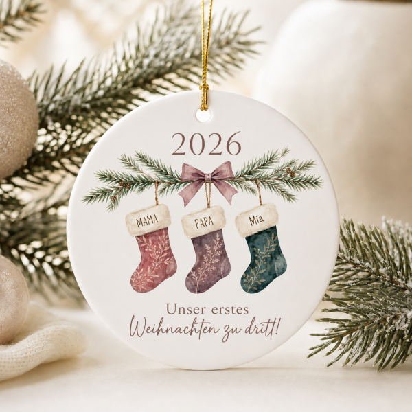 Personalisierter Acryl-Weihnachtsanhänger Familie mit Namen – Erstes Weihnachten zu dritt