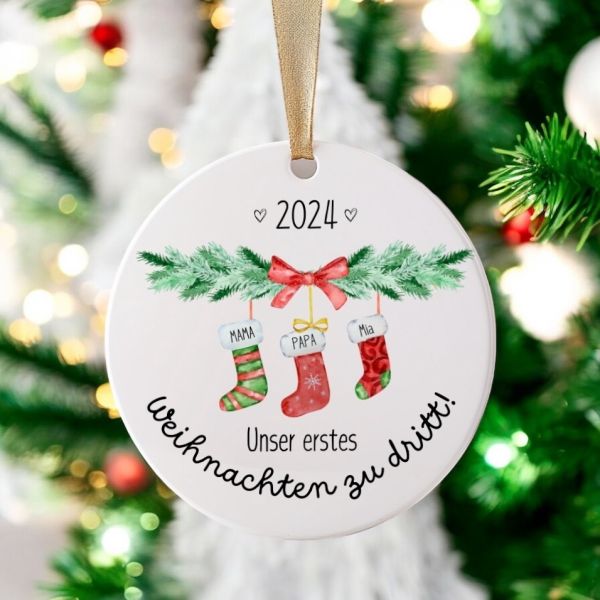 Weihnachtsanhänger Weihnachtssocken personalisiert, 1. Jahr zu dritt