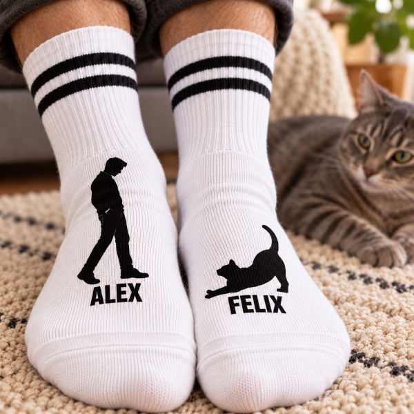 Personalisierte Katzensocken mit Namen – Katze und Besitzer (männlich) als Silhouette