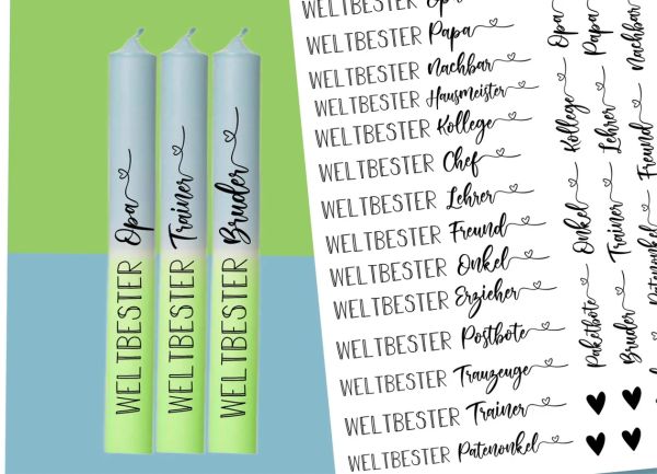 DIN A4 Kerzen Tattoofolie - WELTBESTER - Sprüche zum Verschenken - für Kerzen / Keramik