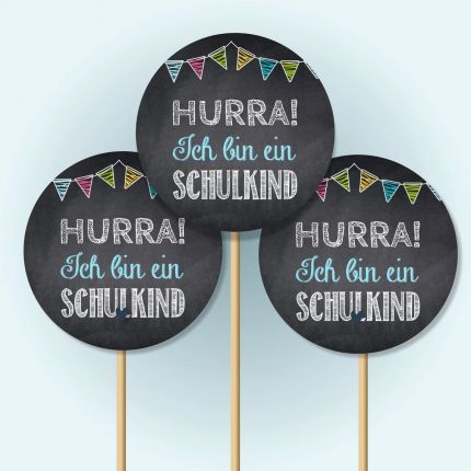 Dekostecker Cupcake Topper 12er SET EINSCHULUNG rund TAFELDESIGN blau Muffin Kuchen