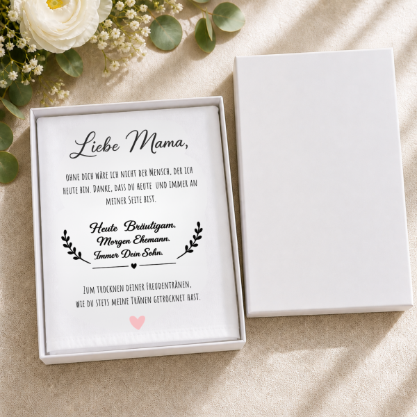 Freudentränen Taschentuch Hochzeit – Mutter des Bräutigams – Stofftaschentuch mit Spruch Geschenkbox