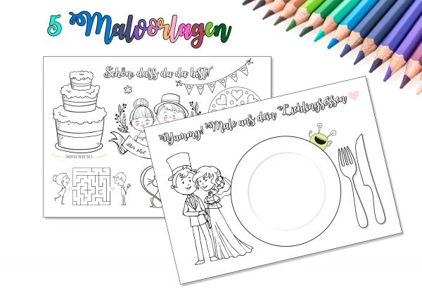 5 Malvorlagen zur Hochzeit | Kinderbeschäftigung auf der Hochzeit | Hochzeitsmalbuch