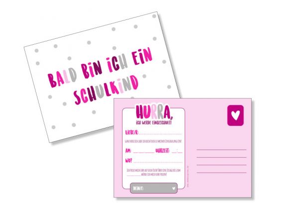 Einladungskarte zur Einschulung Hurra ich bin ein Schulkind Pink