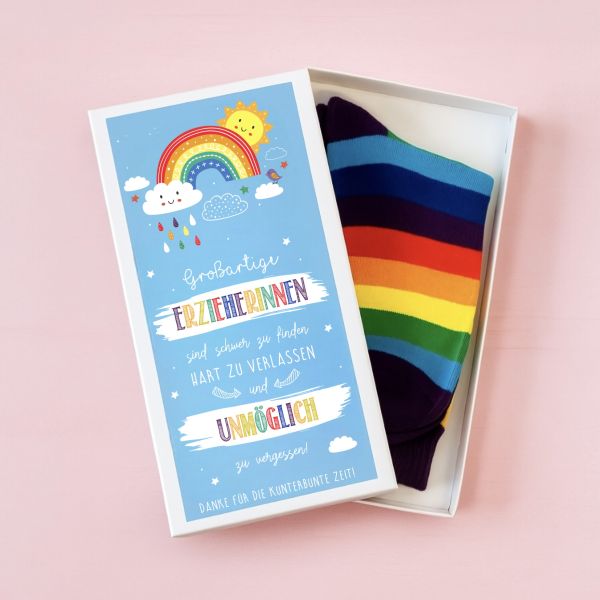 Abschiedsgeschenk Erzieherin – Regenbogen Socken mit Geschenkbox – Danke sagen zum Kindergartenabsch