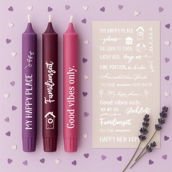 Weiße Kerzenfolie DIN A4 – Happy Home Sprüche – Tattoofolie für Kerzen & Keramik DIY Geschenk Zuhaus