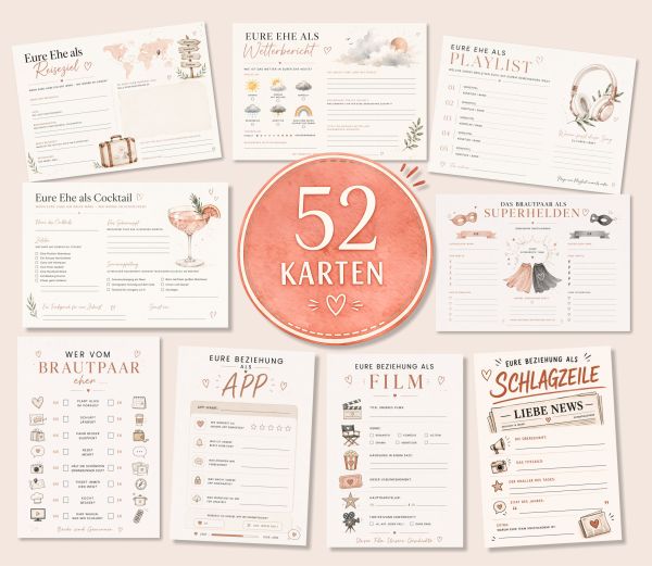 52 unterschiedliche Karten an das Brautpaar | Hochzeitsspiel mit 52 einzigartigen Postkarten