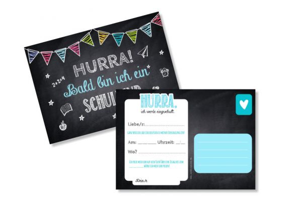 Einladungskarte zur Einschulung Hurra ich bin ein Schulkind Tafeloptik Blau