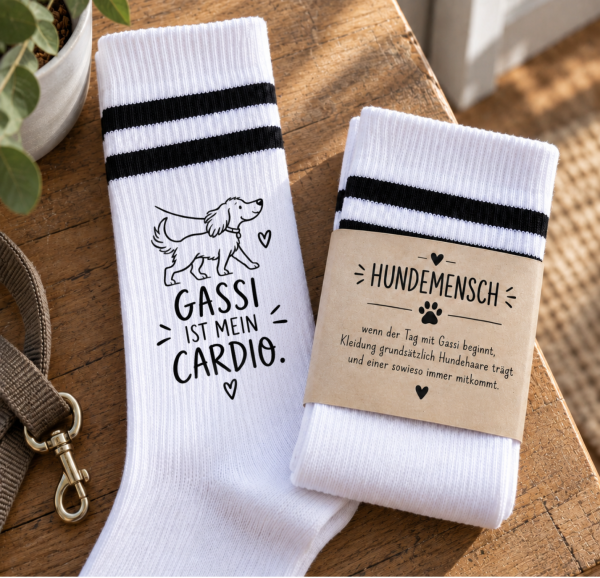 Hundesocken „Gassi ist mein Cardio“ Sportsocken mit Hunderasse Geschenk für Hundeliebhaber