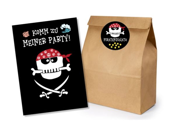10 x Einladungskarten Kindergeburtstag Piraten Schatzsuche + 10 Sticker Mitgebsel Kindergeburtstag