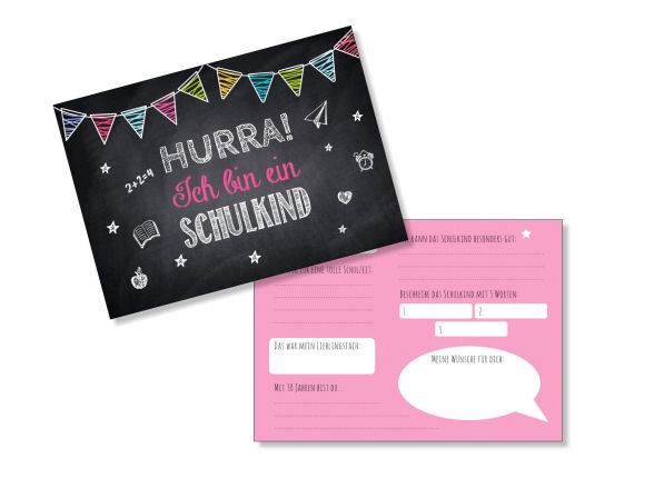 Gästekarte zur Einschulung Hurra ich bin ein Schulkind Tafeldesign Pink