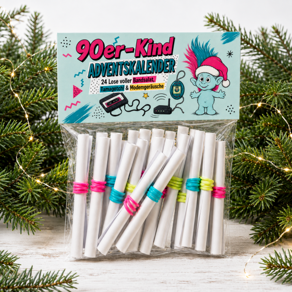 90er-Kind Adventskalender zum Ausdrucken – 24 lustige Nostalgie-Lose, DIY Sofort-Download