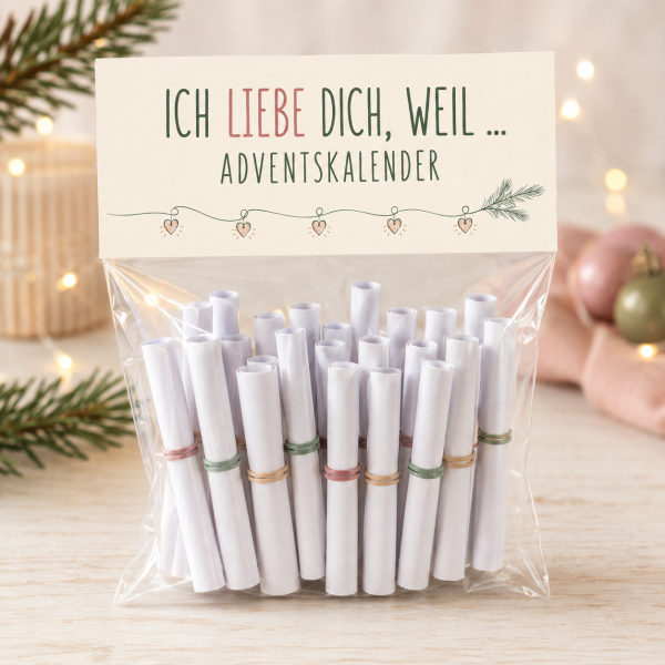 Adventskalender für Paare zum Ausdrucken–Ich liebe dich, weil …50 Gründe & Blanko-Lose