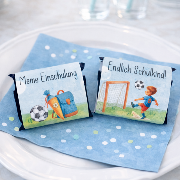 Deko für die Einschulungsparty Schokobanderolen Schulstart Fußball