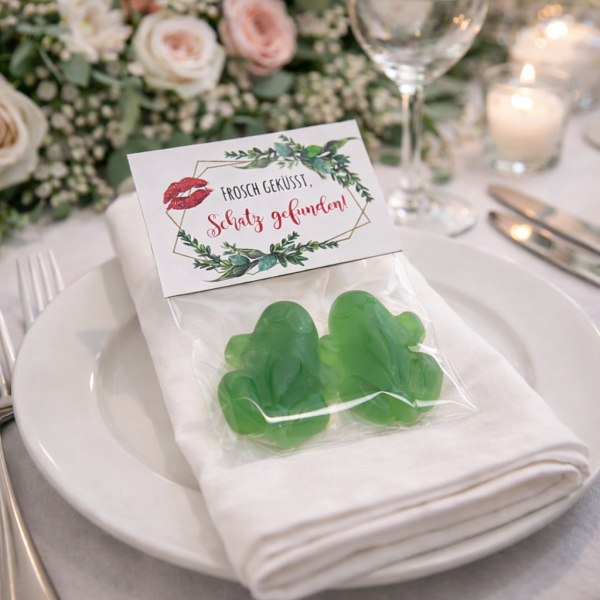 Gastgeschenk Hochzeit „Frosch geküsst – Schatz gefunden“ – Candybar & Tischdeko