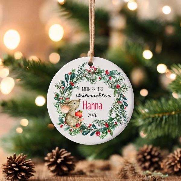Weihnachtsanhänger personalisiert – Mein erstes Weihnachten mit Name, Jahr und süßem Waldtier