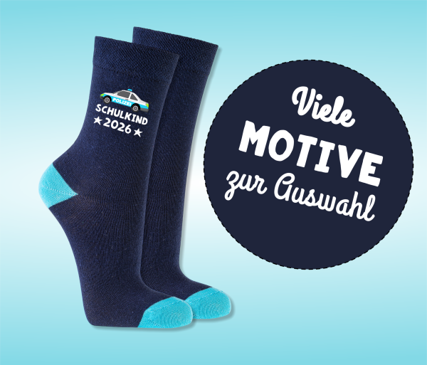 Einschulung Geschenk | Schulkind Socken dunkelblau - Motive zur Auswahl