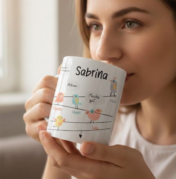 Ausgeflogen Vögelchen-Gruppe – personalisierte Tasse zum Kindergartenabschied – mit Namen