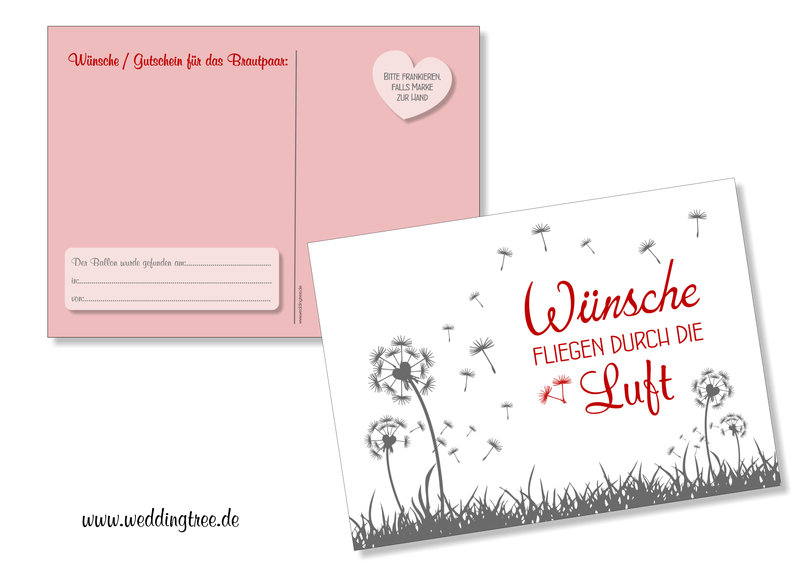 50 Ballonflugkarten Pusteblumen Rot Wunsche Fur Das Brautpaar Weddingtree