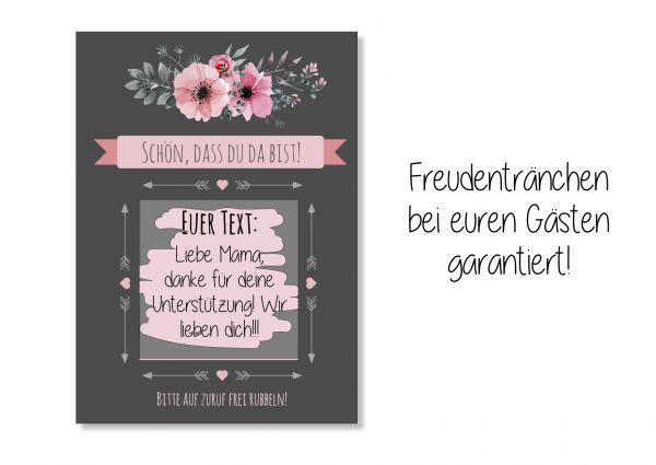 Gastgeschenk Hochzeit - Rubbelkarten schwarz rosa Blumen