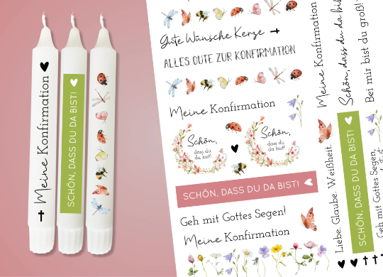 Kerzen Tattoofolie - KONFIRMATION Blumen - Sprüche zum Verschenken