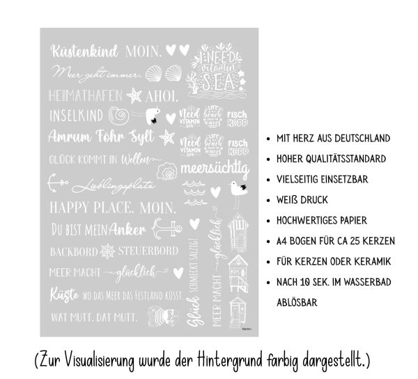 Weiße Kerzenfolie DIN A4 – Maritim Sprüche & Motive – Tattoofolie für Kerzen & Keramik DIY Geschenk