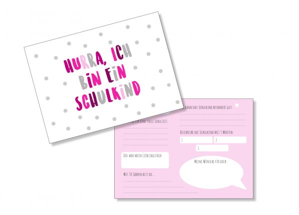 Einschulung - Hurra ich bin ein Schulkind - Gästekarten zur Erinnerung Rosa
