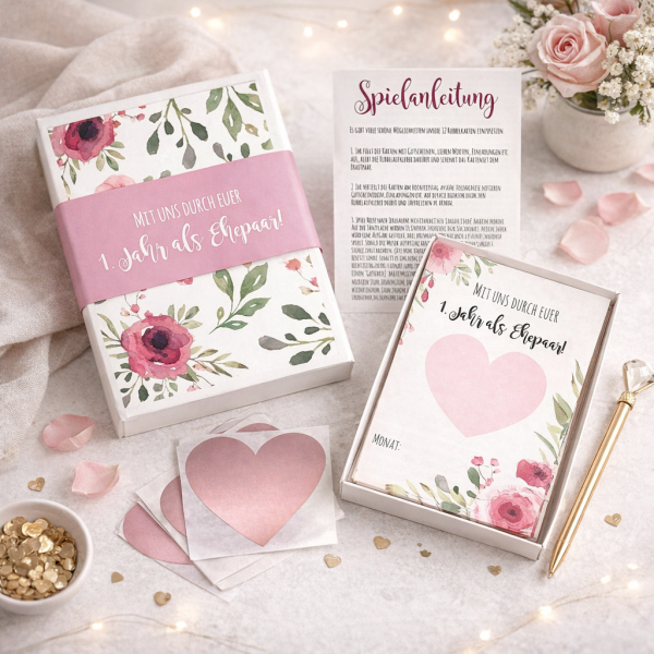 Hochzeitsspiel „Mit uns durch euer 1. Jahr“ – 12 Rubbelkarten im Geschenkset