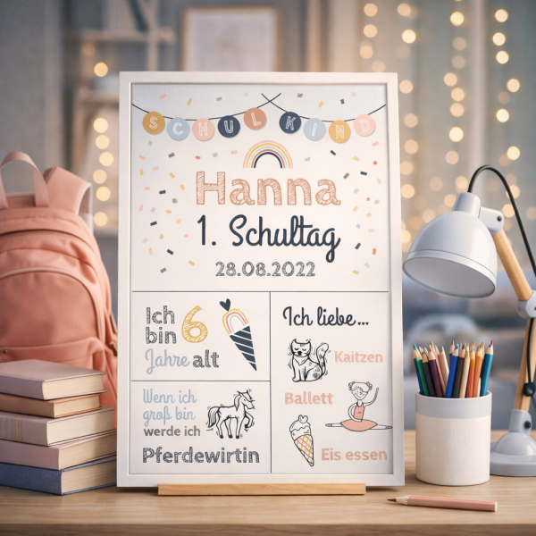 Einschulungstafel | Meilensteintafel zur Einschulung | Rosa Konfetti