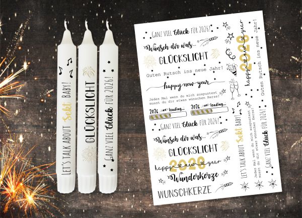 Kerzensticker HAPPY NEW YEAR auf Wasserschiebefolie Neujahr