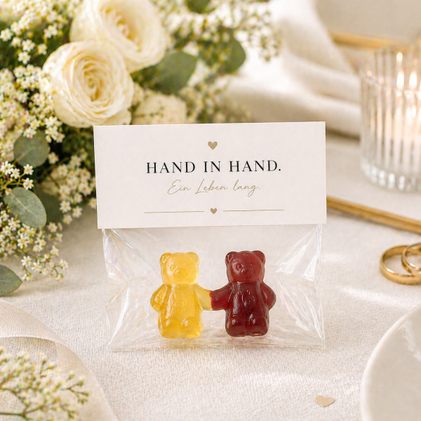 Gastgeschenke Hochzeit Bärchen-Tütchen – „Hand in Hand ein Leben lang“ oder „Schön, dass du da bist"