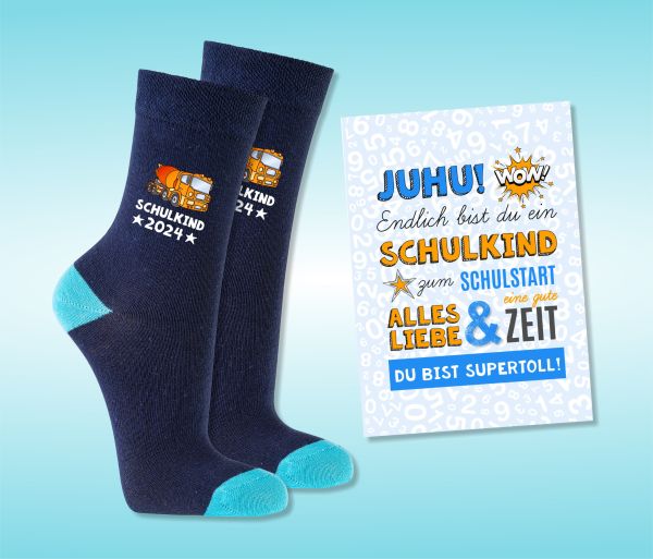 EINSCHULUNG Schulkind Socken GESCHENK für die Schultüte Betonmischer