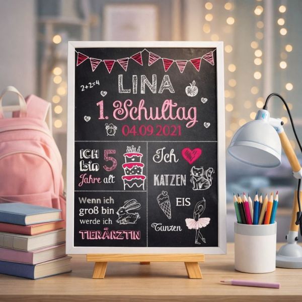 Einschulungstafel, Meilensteintafel zur Einschulung, Rosa Pink