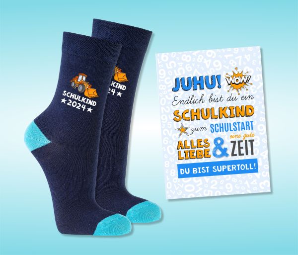 EINSCHULUNG Schulkind Socken GESCHENK für die Schultüte Baustelle Radlader