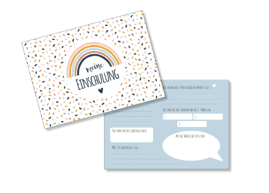 Gästekarte zur Einschulung Hurra ich bin ein Schulkind Konfetti Regenbogen