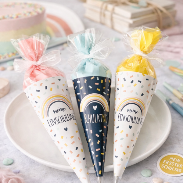 DIY Mini Schultüten Einschulung | Motiv Konfetti Regenbogen | Deko & Gastgeschenk
