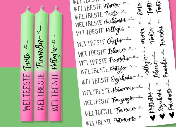 DIN A4 Kerzen Tattoofolie - WELTBESTER - Sprüche zum Verschenken - für Kerzen / Keramik