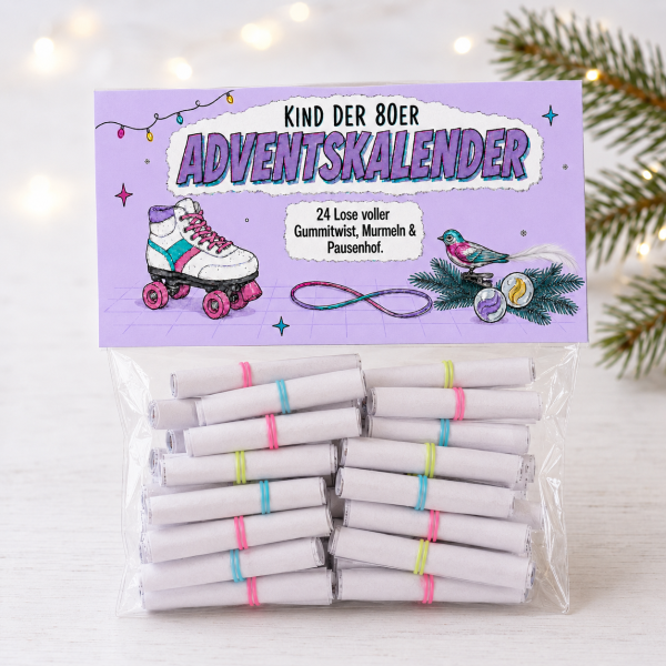 80er Adventskalender zum Ausdrucken – 24 nostalgische Lose für Erwachsene, digitaler Download