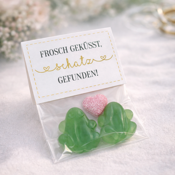 Gastgeschenk Hochzeit „Frosch geküsst – Schatz gefunden“ – Candybar & Tischdeko