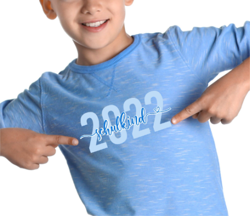 Schulkind Bügelbild T-Shirt zur Einschulung Blau