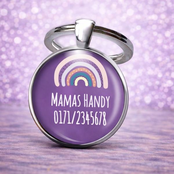 Einschulung Geschenk | Notfallnummer Anhänger – Motiv lila Regenbogen