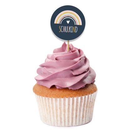 Dekostecker Cupcake Topper 12er SET EINSCHULUNG rund REGENBOGEN Muffin Kuchen