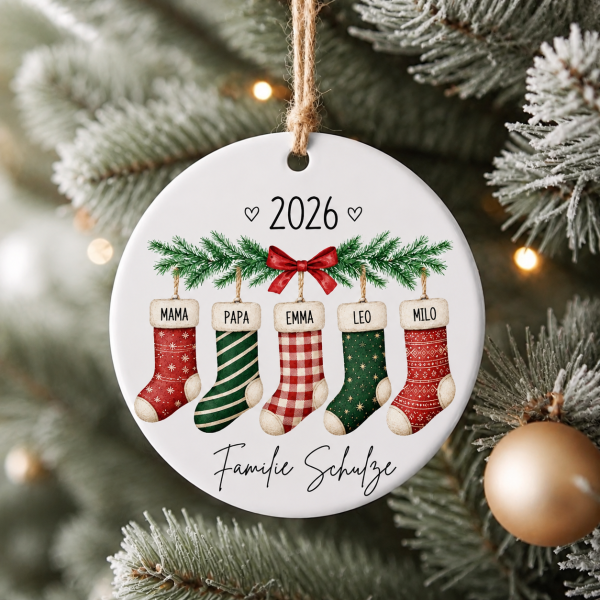 Personalisierter Weihnachtsanhänger Familie mit Namen aus Acryl | Anhänger mit 2–8 Weihnachtssocken